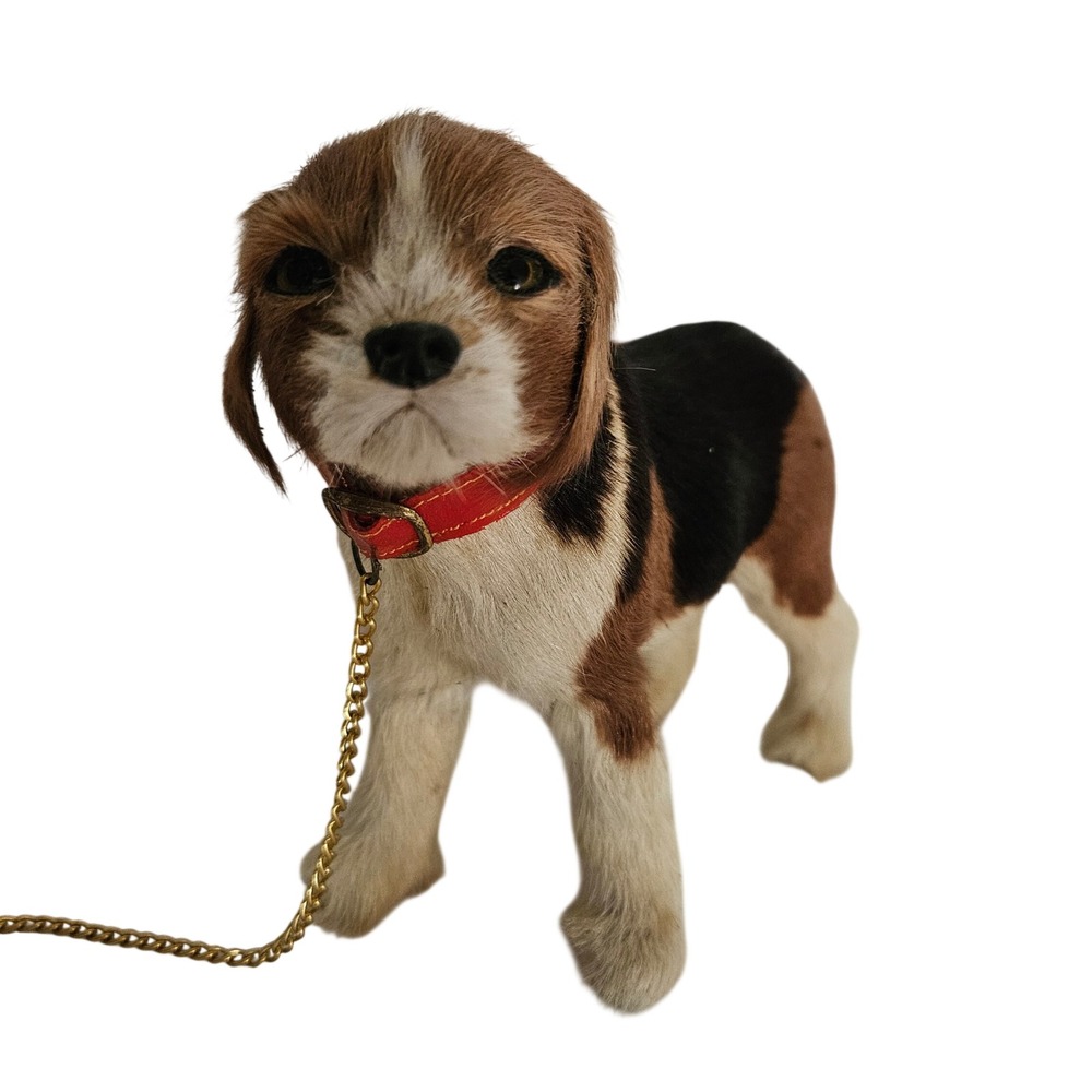 Vintage Realistic Beagle 18" Doll Dog Tricolor Real Fur Puppy Collar Chain Leash